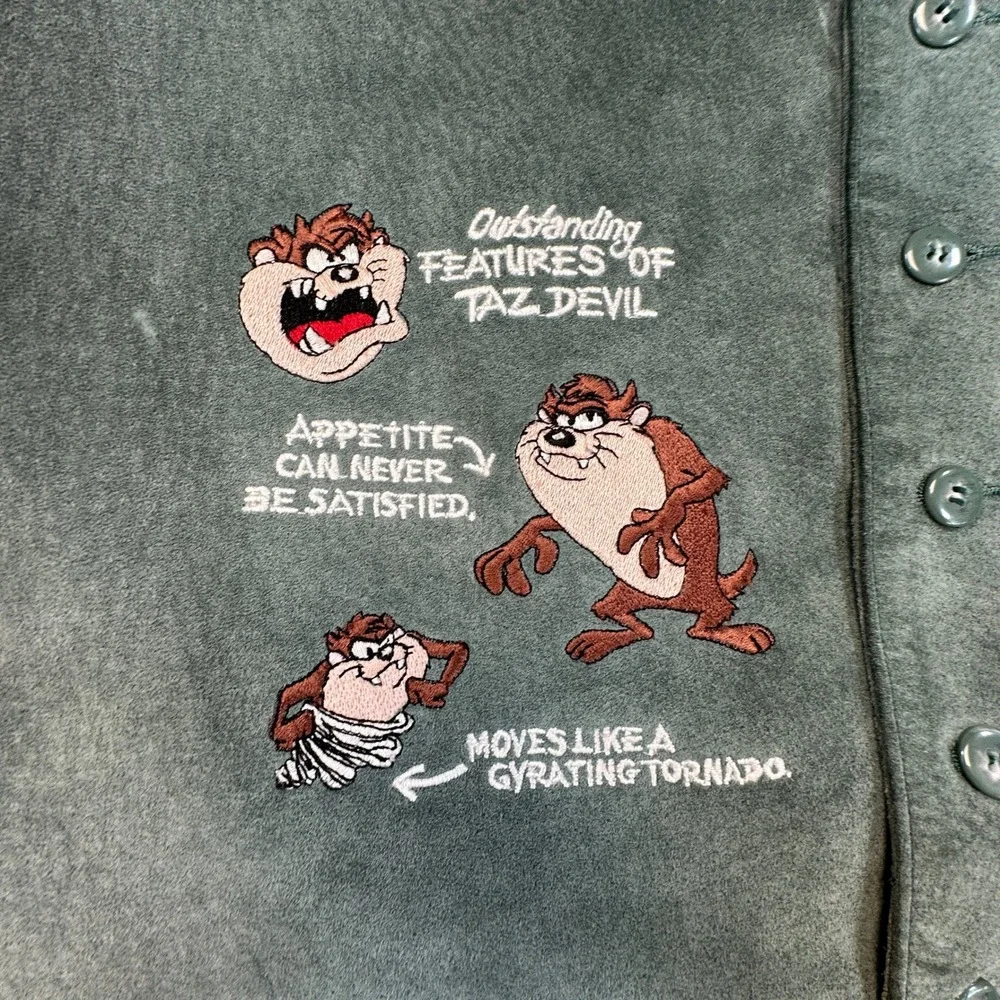 Vintage Looney Tunes Taz Vest Mens Medium Slim Fit Green Suede Leather 90s Biker